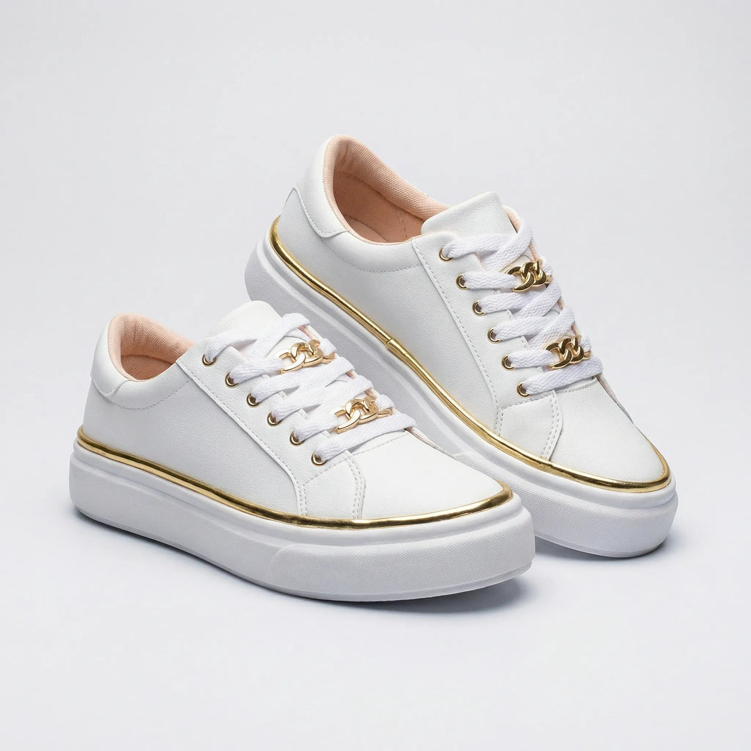 Wygodne damskie sneakersy Tamia na platformie, z eleganckimi złotymi akcentami. Modne obuwie casualowe.