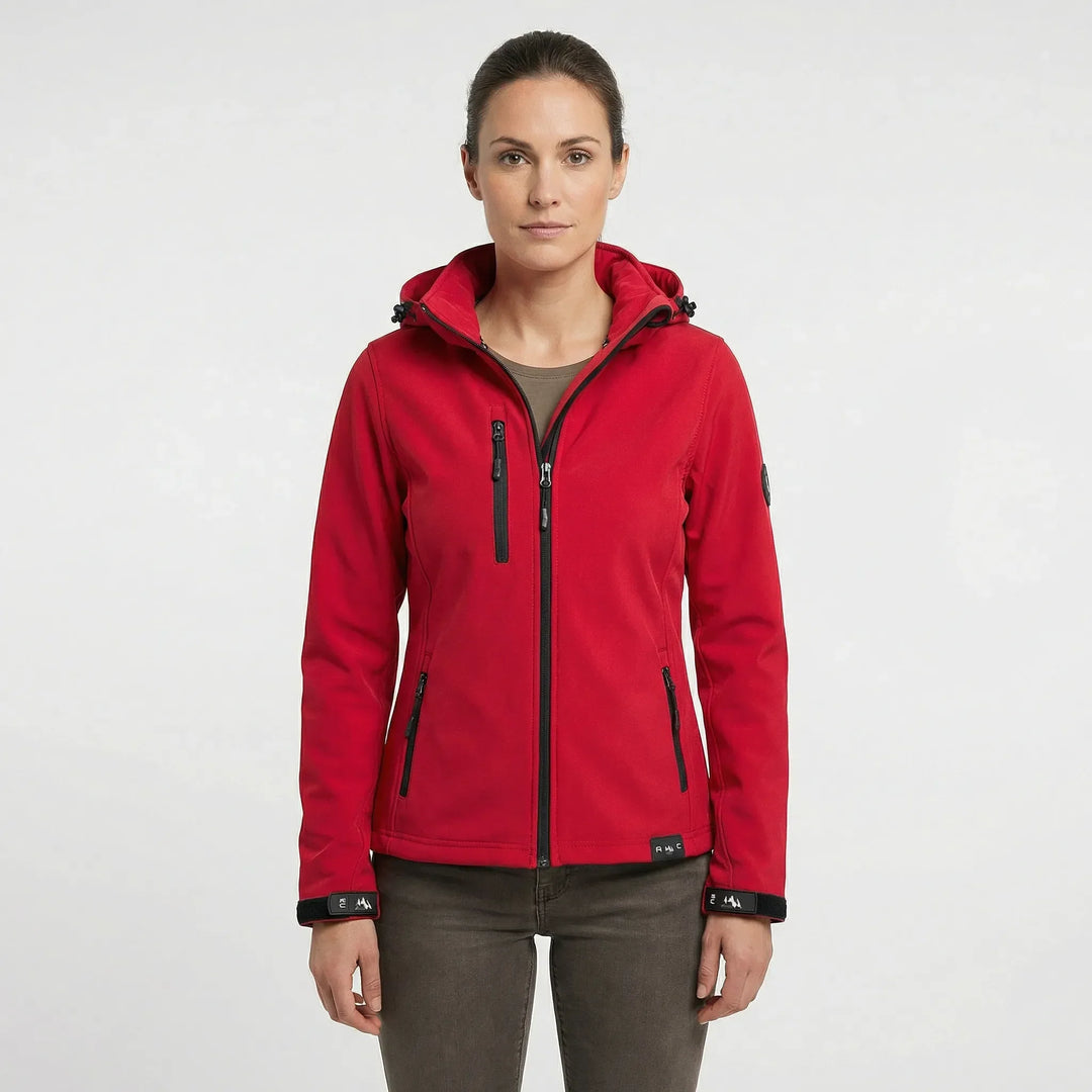 Kobieca kurtka softshell Maxima, idealna do turystyki. Odzież outdoorowa z kapturem, zapewnia komfort i ochronę przed wiatrem.