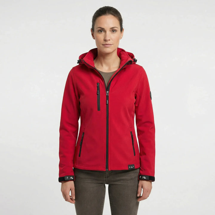 Kobieca kurtka softshell Maxima, idealna do turystyki. Odzież outdoorowa z kapturem, zapewnia komfort i ochronę przed wiatrem.