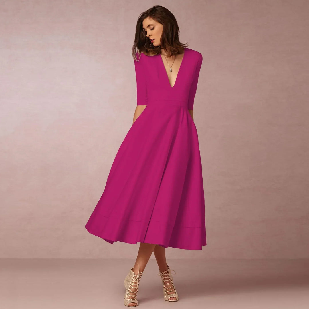 Elegancka sukienka na wesele midi, dekolt w serek, półdługi rękaw, model Sophie.