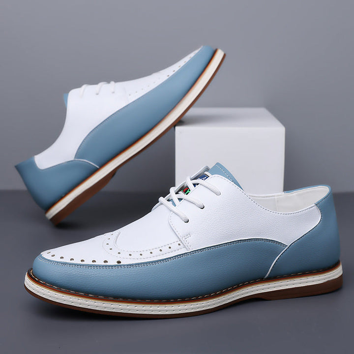 Stylowe dwukolorowe brogsy męskie, skórzane, sznurowane. Eleganckie buty do biura, wizytowe okazje.