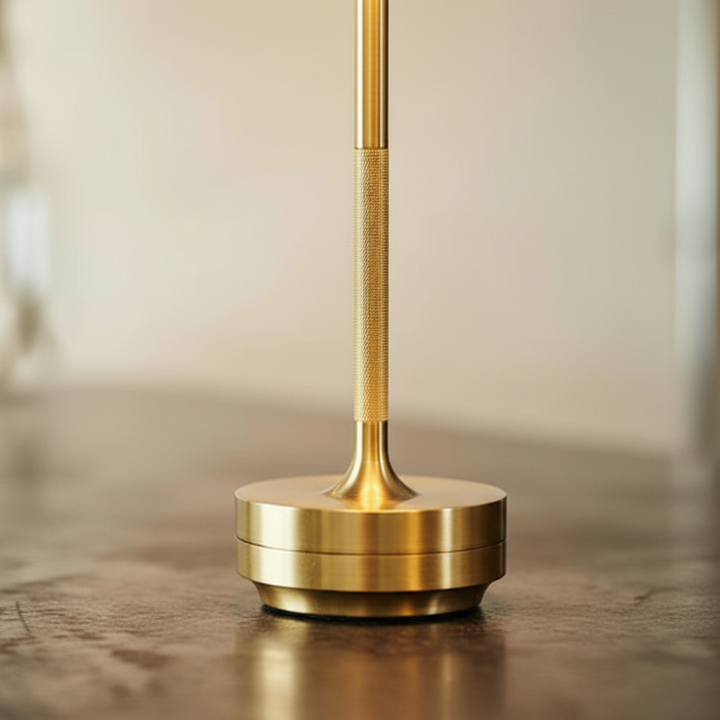 Metalowa, nowoczesna lampka stołowa LED. Bezprzewodowa i ściemniana, zapewnia oświetlenie ambientowe. Ładowana USB.