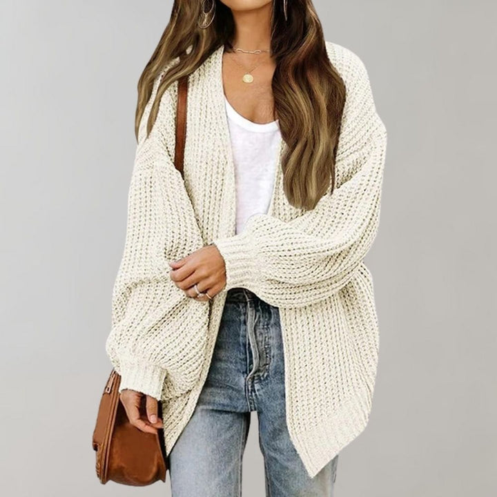 Długi kardigan damski z odkrytym przodem, model 24-08. Elegancki sweter dla kobiet, idealny na co dzień i do pracy.
