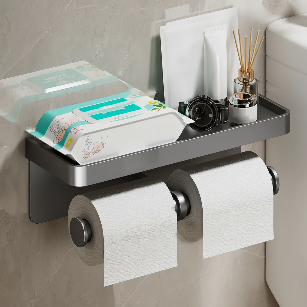 Podwójny uchwyt na papier toaletowy RollEase z półką. Aluminiowy organizer łazienkowy bez wiercenia, idealny do WC.