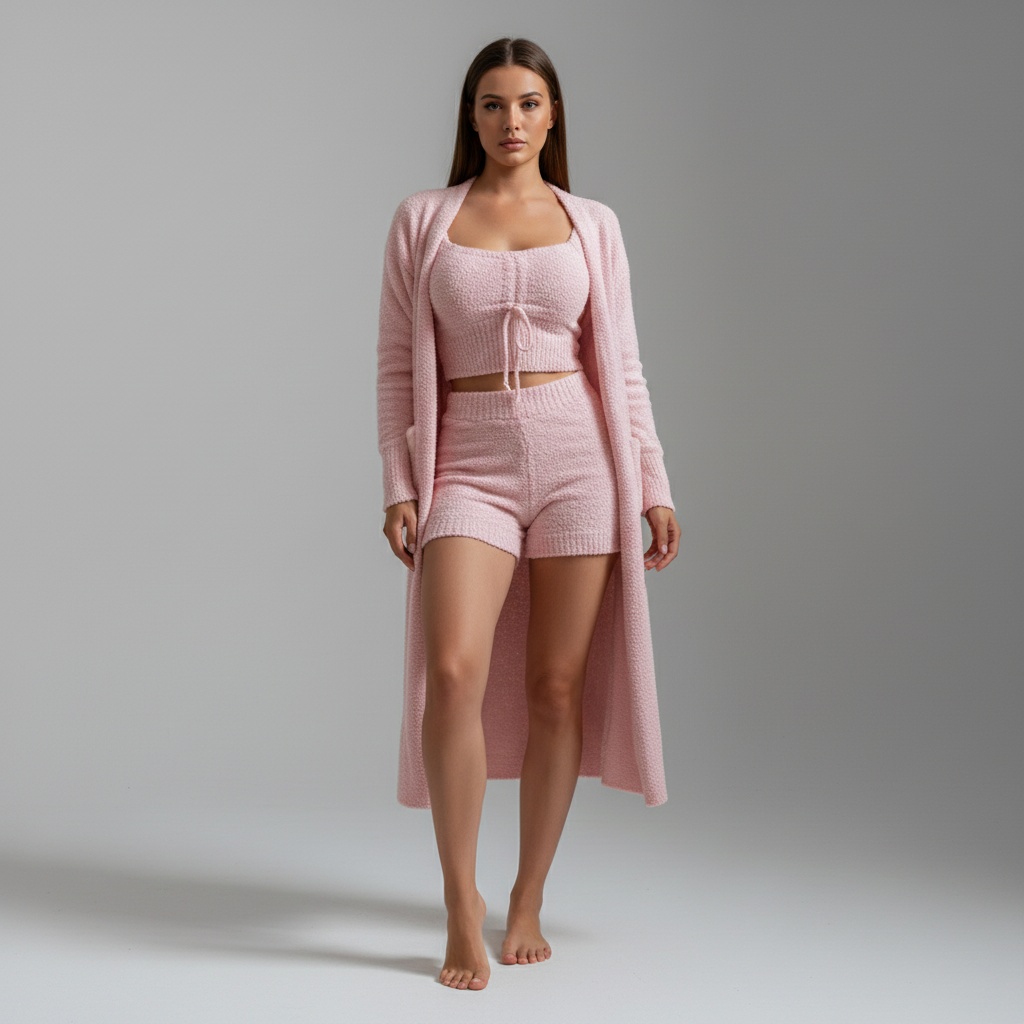 Elegancki i wygodny damski zestaw Lucia. Trzyczęściowy komplet loungewear, idealny strój casual.