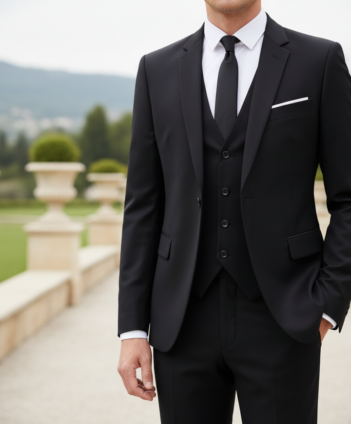 Męski trzyczęściowy garnitur Frederik. Elegancki strój na wesele, biznes i formalne okazje.