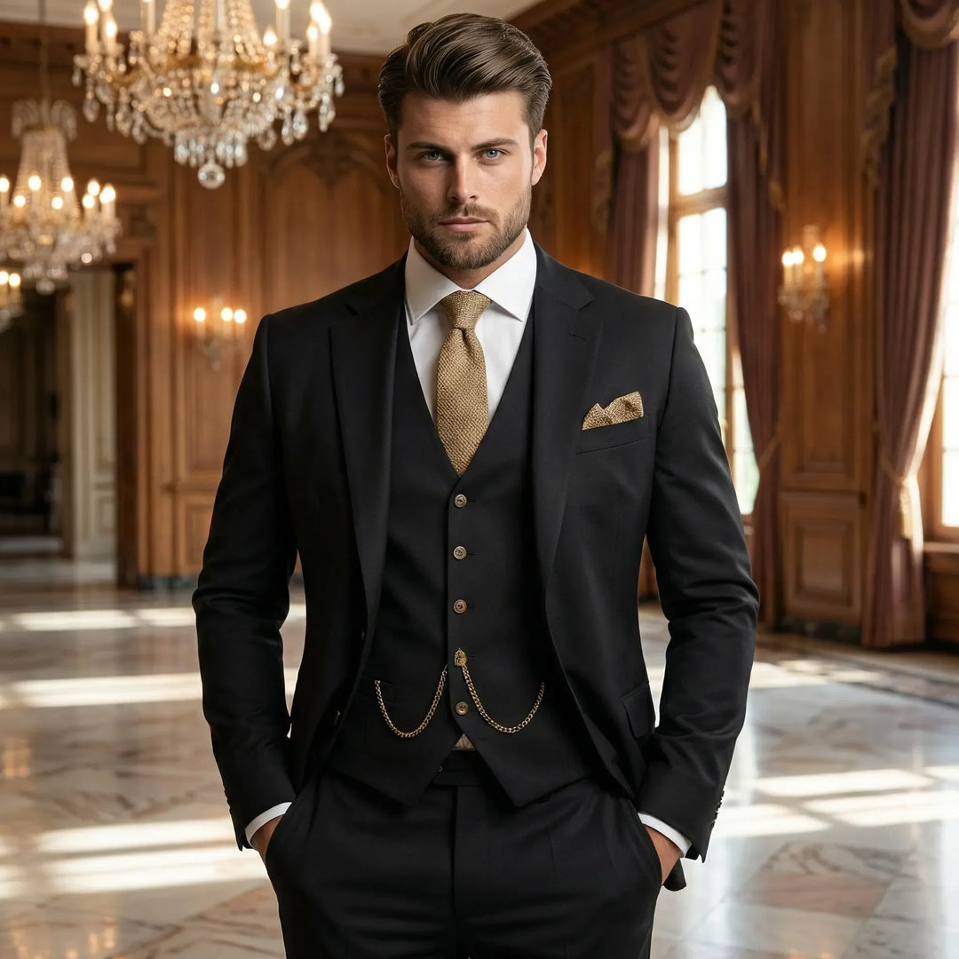 Męski garnitur trzyczęściowy slim fit Yannick w kolorze granatowym, idealny na wesele lub spotkanie biznesowe.