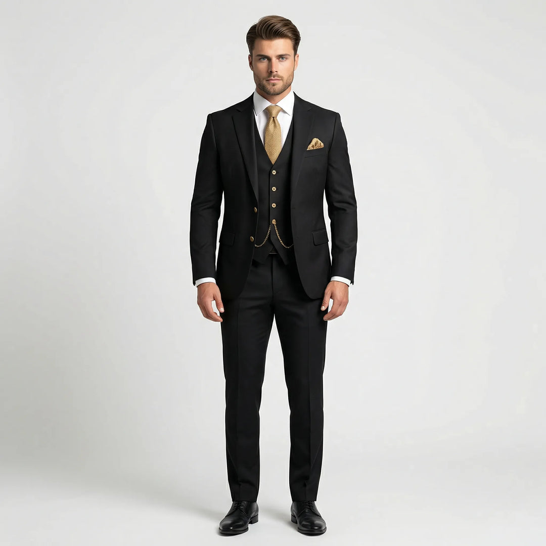 Elegancki męski garnitur slim fit Yannick, trzyczęściowy, zapewniający styl i wygodę na każdą okazję.