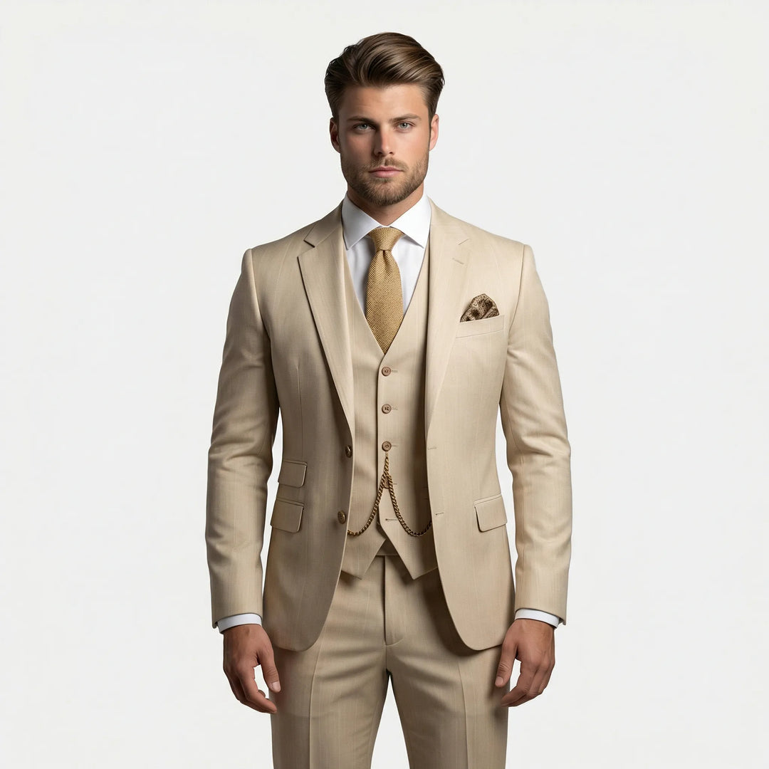 Dopasowany męski garnitur trzyczęściowy slim fit Yannick, świetny do stylizacji smart casual i formalnych.