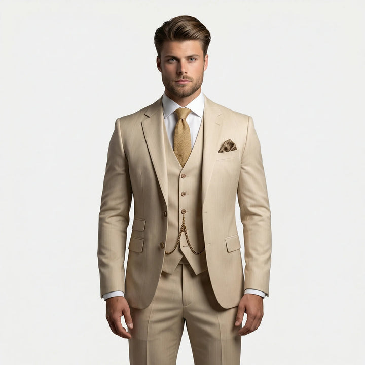 Dopasowany męski garnitur trzyczęściowy slim fit Yannick, świetny do stylizacji smart casual i formalnych.