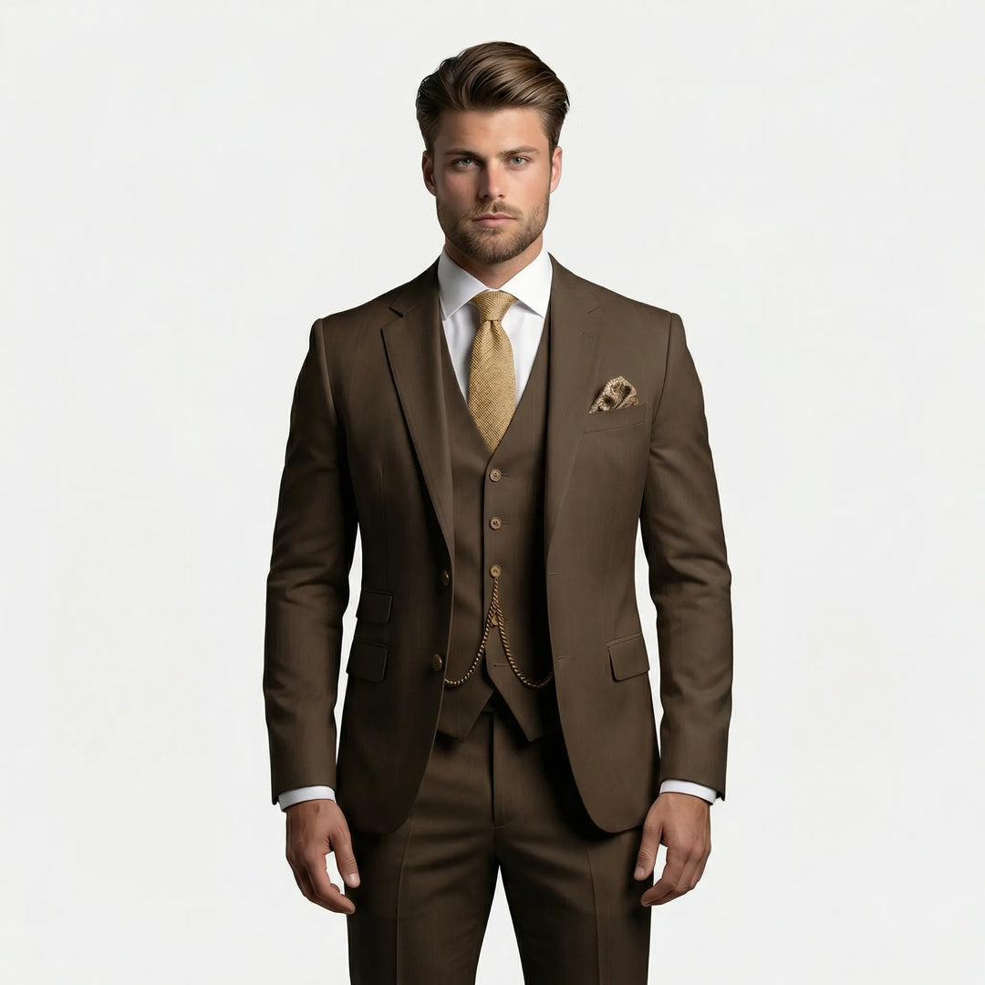 Stylowy męski garnitur slim fit Yannick z wysokiej jakości tkaniny, trzyczęściowy, idealny do pracy i na wesele.