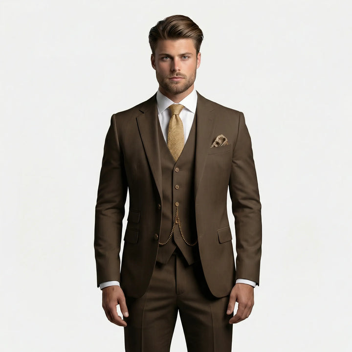 Stylowy męski garnitur slim fit Yannick z wysokiej jakości tkaniny, trzyczęściowy, idealny do pracy i na wesele.