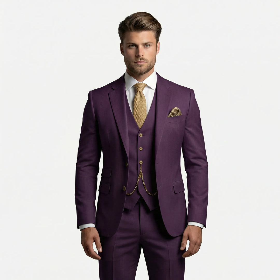 Profesjonalny garnitur biznesowy męski trzyczęściowy slim fit Yannick, podkreślający sylwetkę.