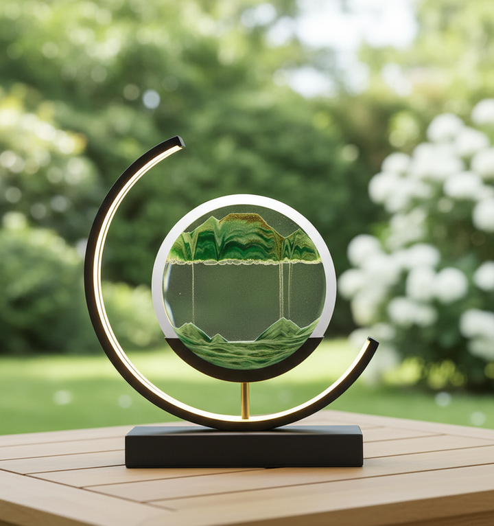 Lampa SerenityLamp z ruchomym pejzażem piaskowym, idealna do relaksu w salonie lub sypialni.