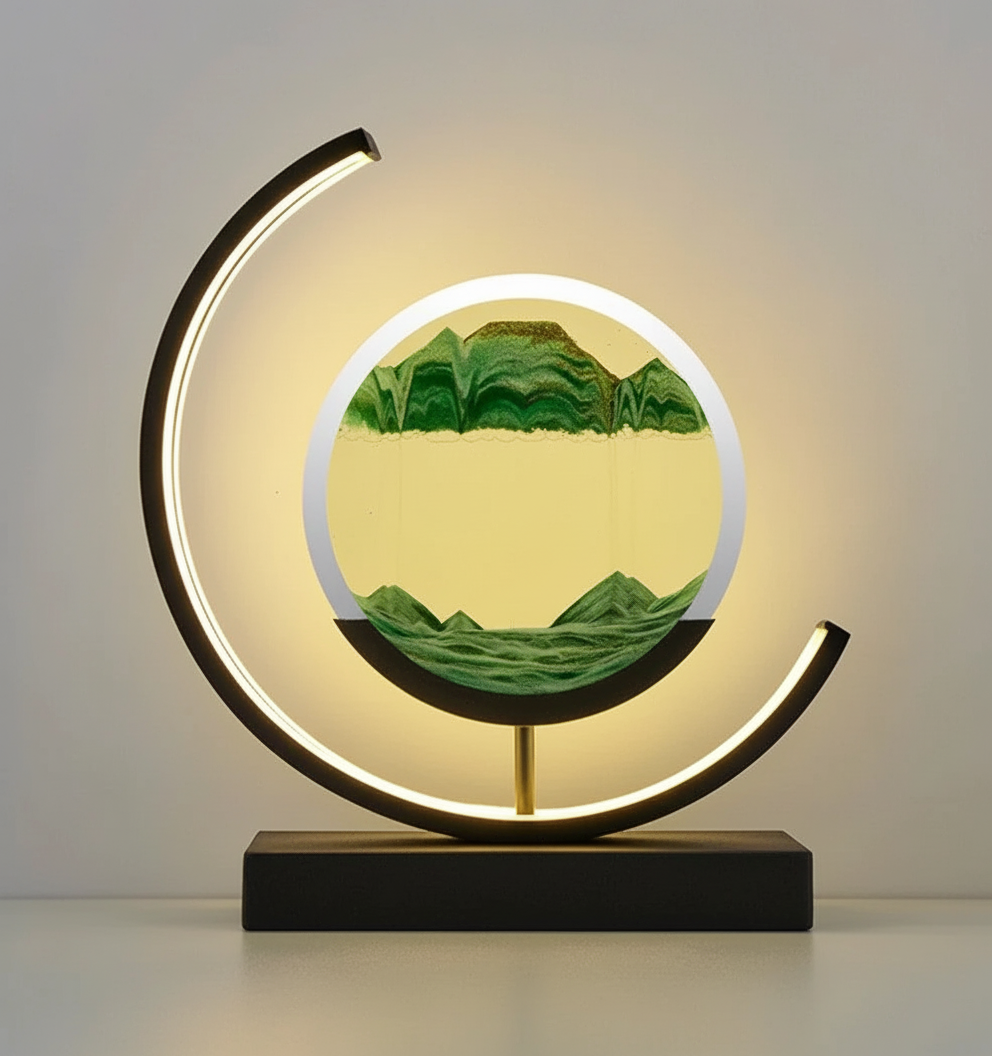 Dekoracyjna lampa stołowa SerenityLamp, tworząca unikalne, dynamiczne wzory z piasku do każdego wnętrza.