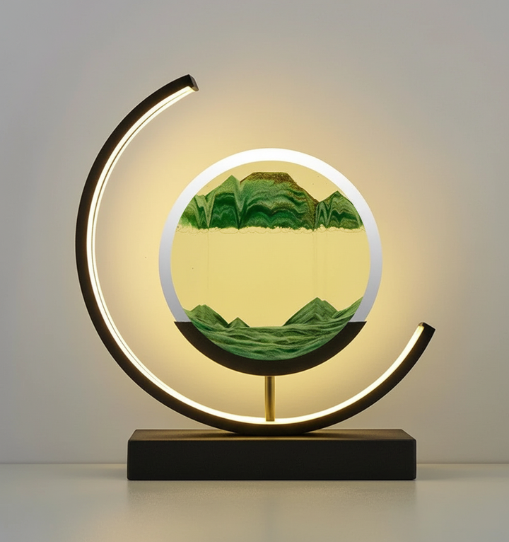 SerenityLamp: lampa piaskowa zmieniająca kształt, unikalny prezent i stylowa dekoracja do sypialni.