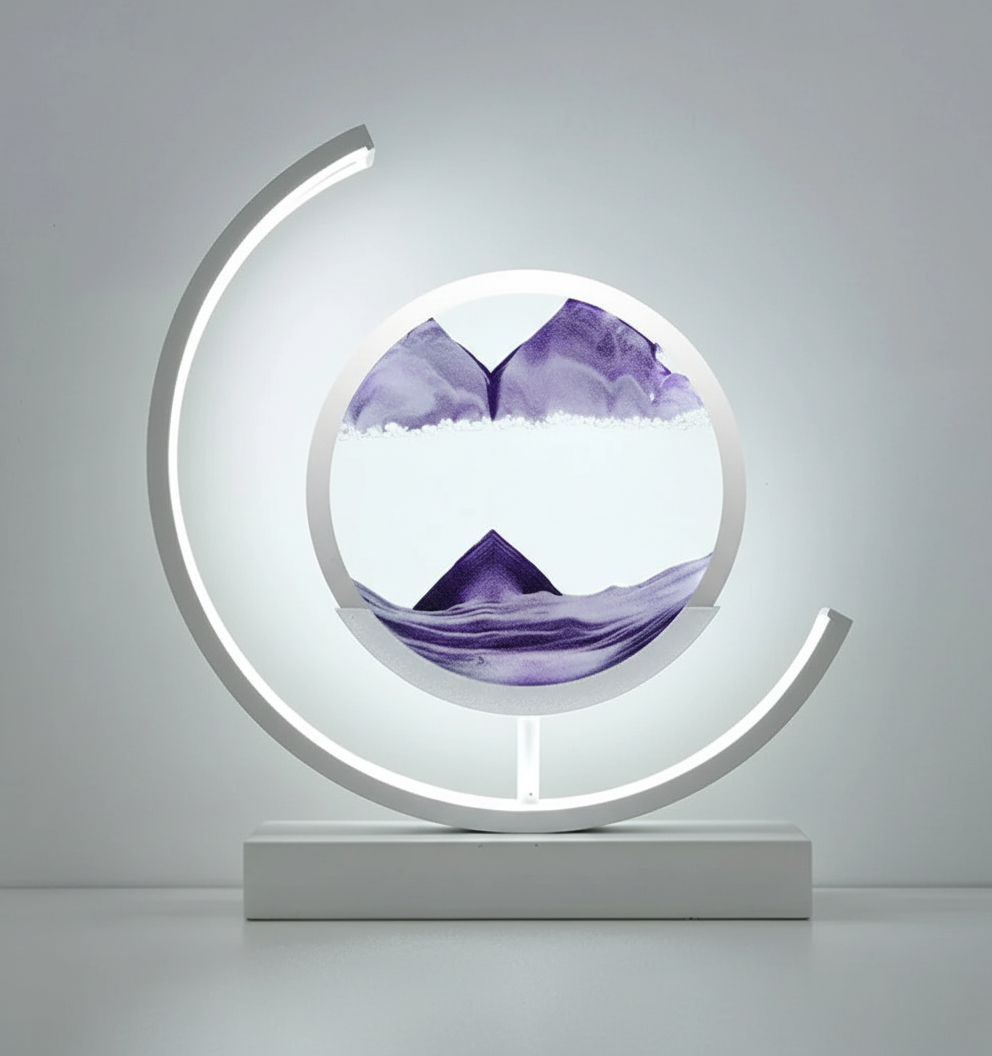 Lampa LED SerenityLamp, ciepłe światło, relaksujący efekt piaskowego wodospadu, sprzyja wyciszeniu.