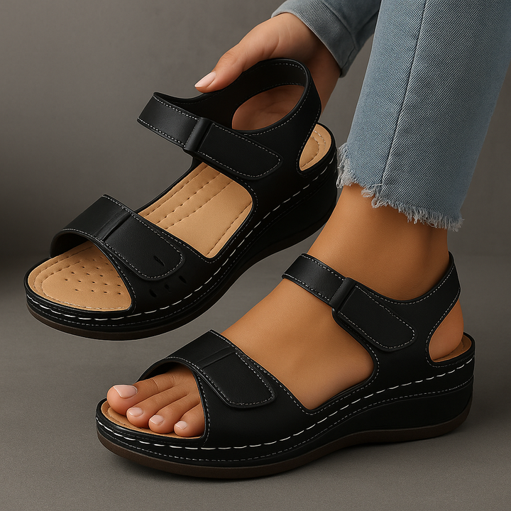 Damskie sandały na koturnie. Eleganckie, wygodne, letnie obuwie z regulacją. Modne buty casualowe.