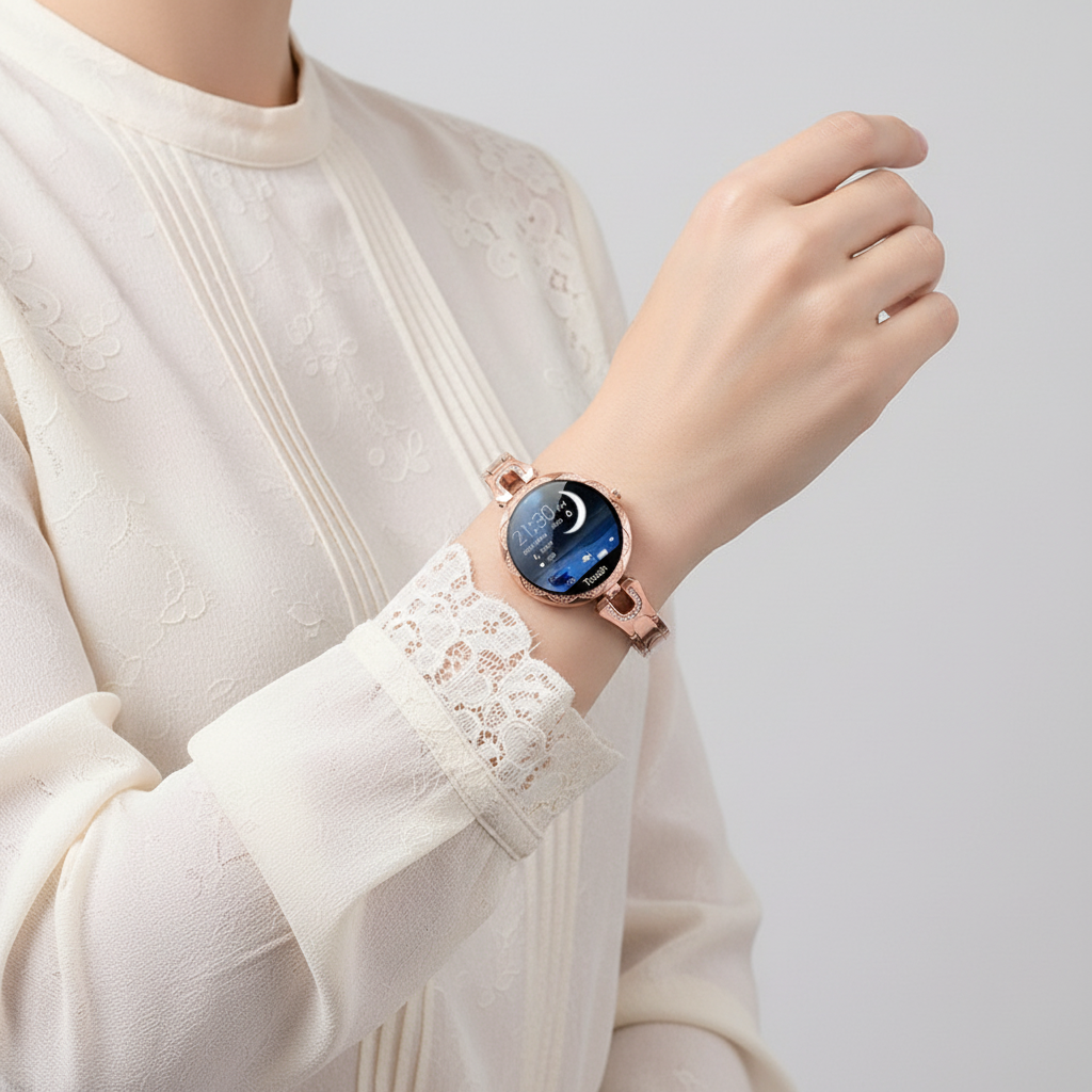 Nowoczesny damski smartwatch HydroGlow, monitorowanie zdrowia, fitness, powiadomienia na nadgarstku.
