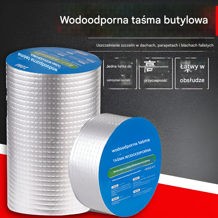 Mocna wodoodporna taśma butylowa do uszczelniania przecieków. Samoprzylepna, idealna do napraw domowych i hydraulicznych.