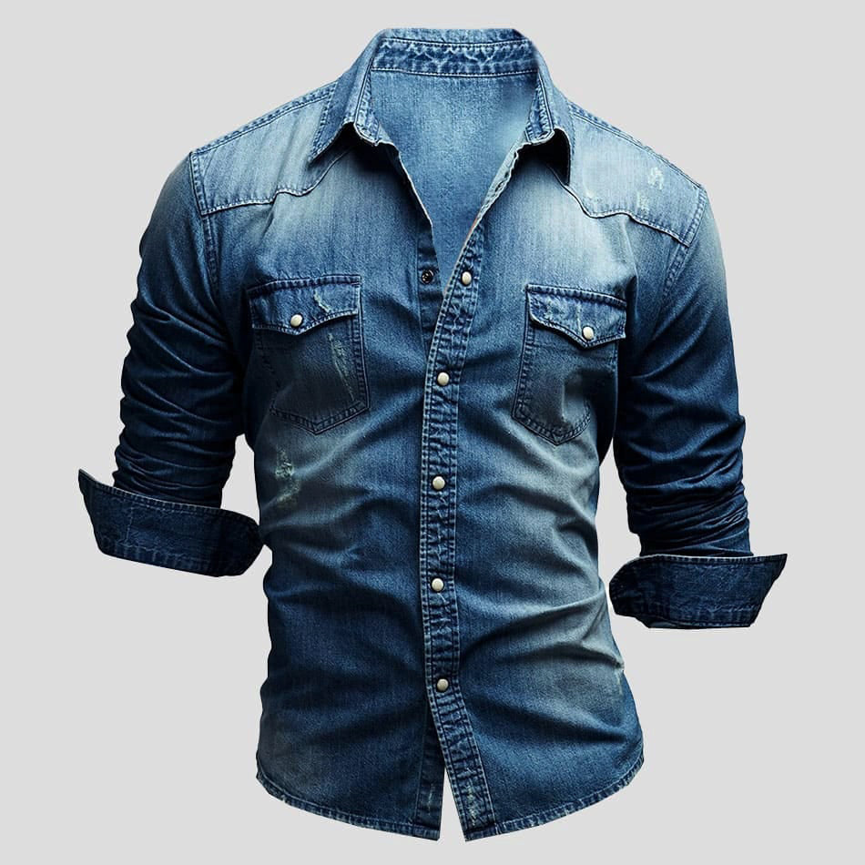 Stylowa męska koszula jeansowa Cedric. Vintage design, doskonała do casualowych outfitów i mody męskiej.