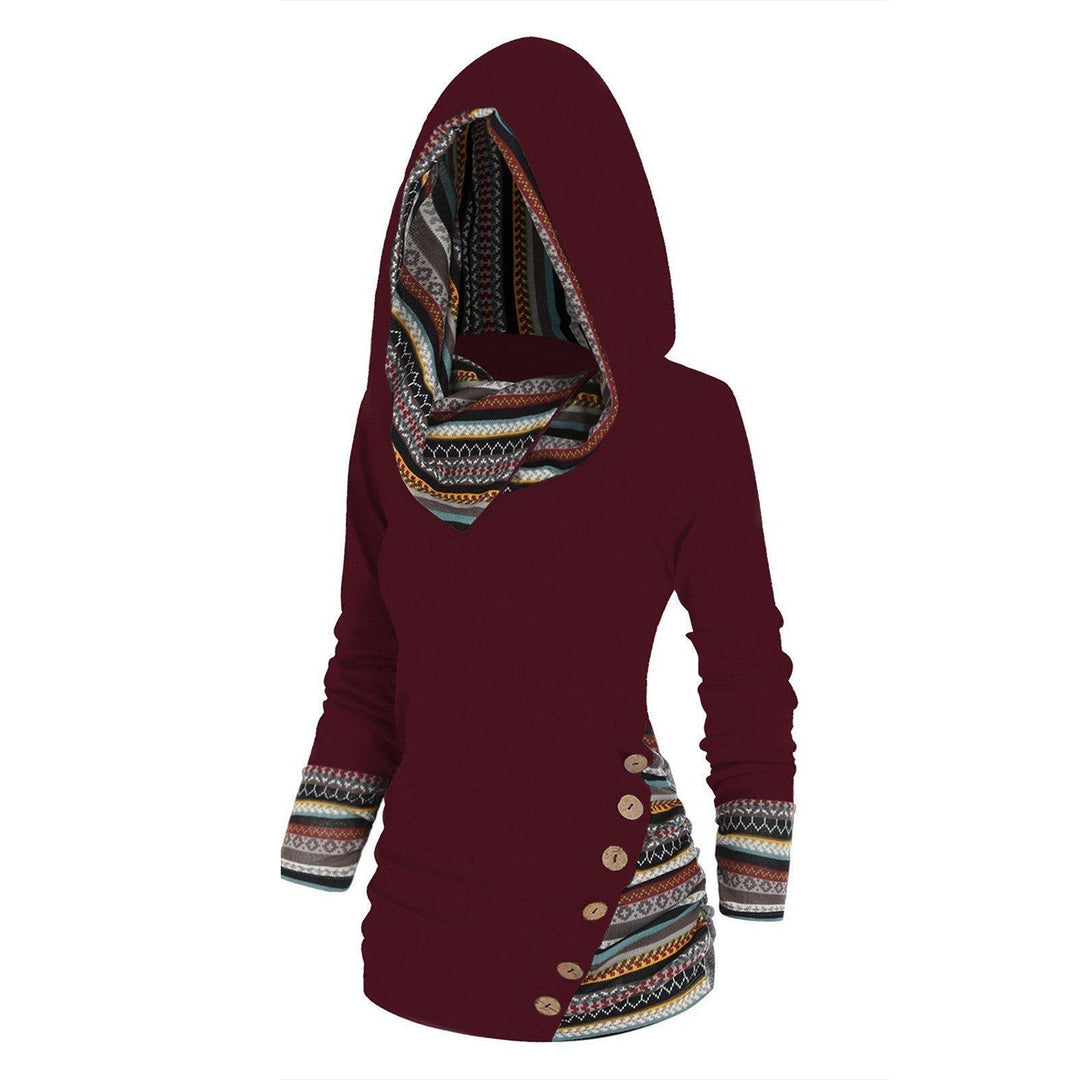 Komfortowy damski sweter rozpinany plus size z kapturem, wzór tribal. Bluza codzienna, jesienna moda.