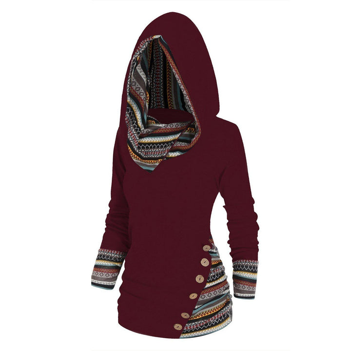Komfortowy damski sweter rozpinany plus size z kapturem, wzór tribal. Bluza codzienna, jesienna moda.