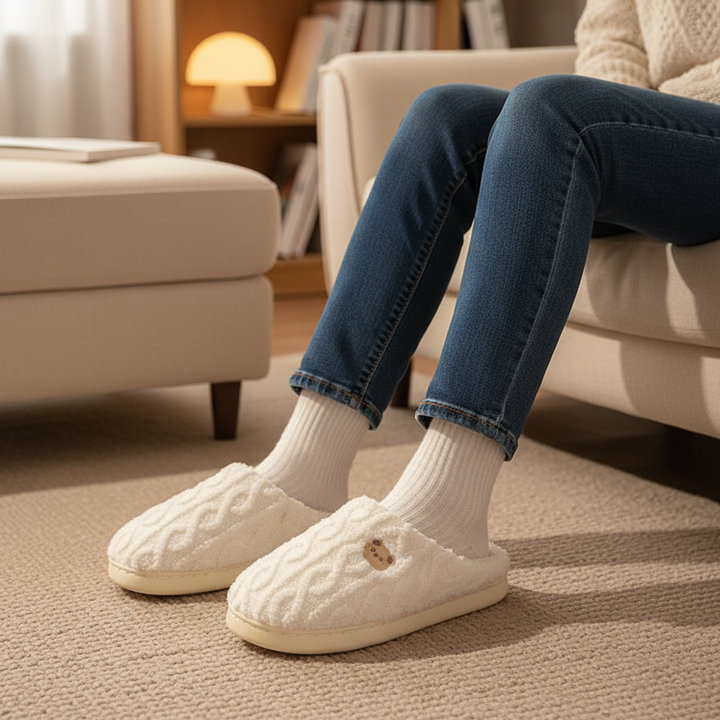 Damskie futrzane kapcie domowe CozyTinsel. Miękkie, ciepłe pantofle z pluszową wyściółką dla zimowego komfortu.