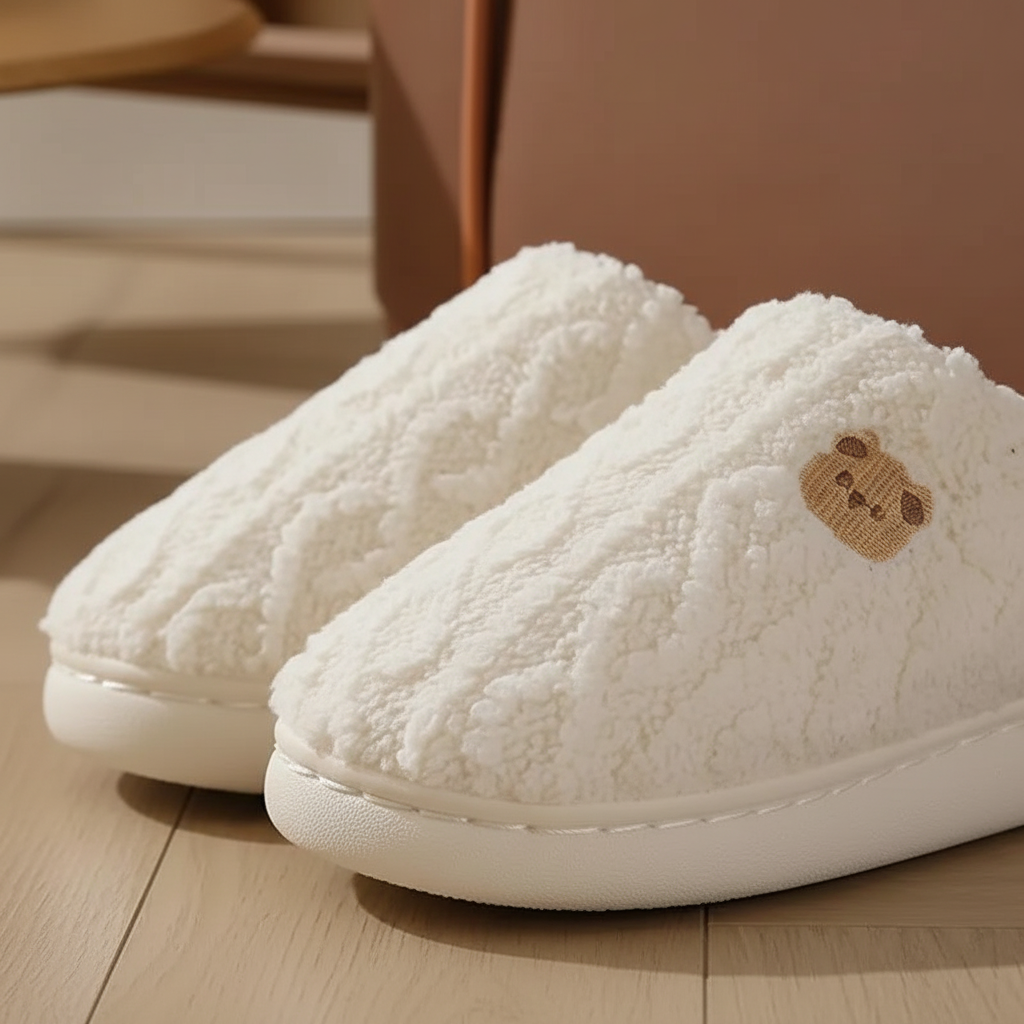 Widok z bliska na pluszowe damskie kapcie domowe CozyTinsel. Miękkie futro zapewnia niezrównane ciepło i wygodę.