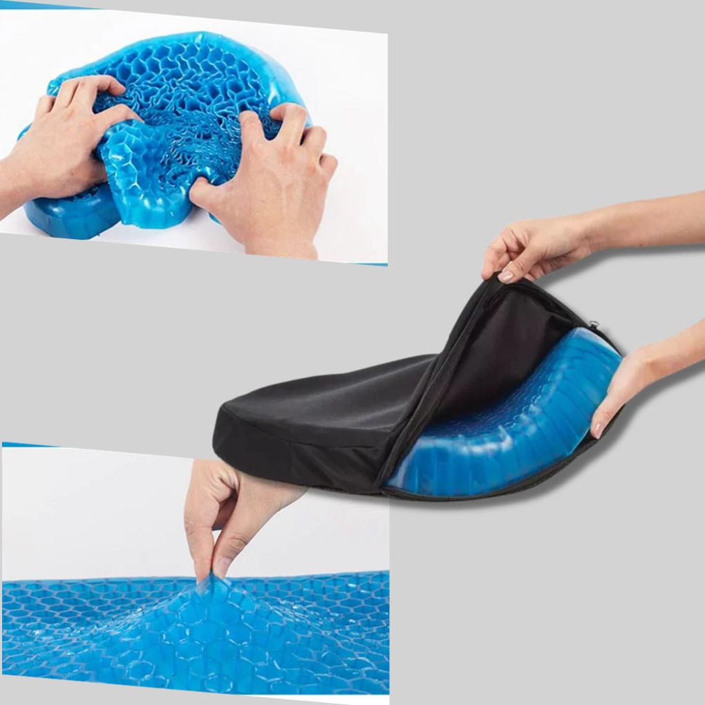 Detal żelowej poduszki na siedzenie z przewiewną siateczką. Ergonomiczny kształt dla maksymalnego komfortu.