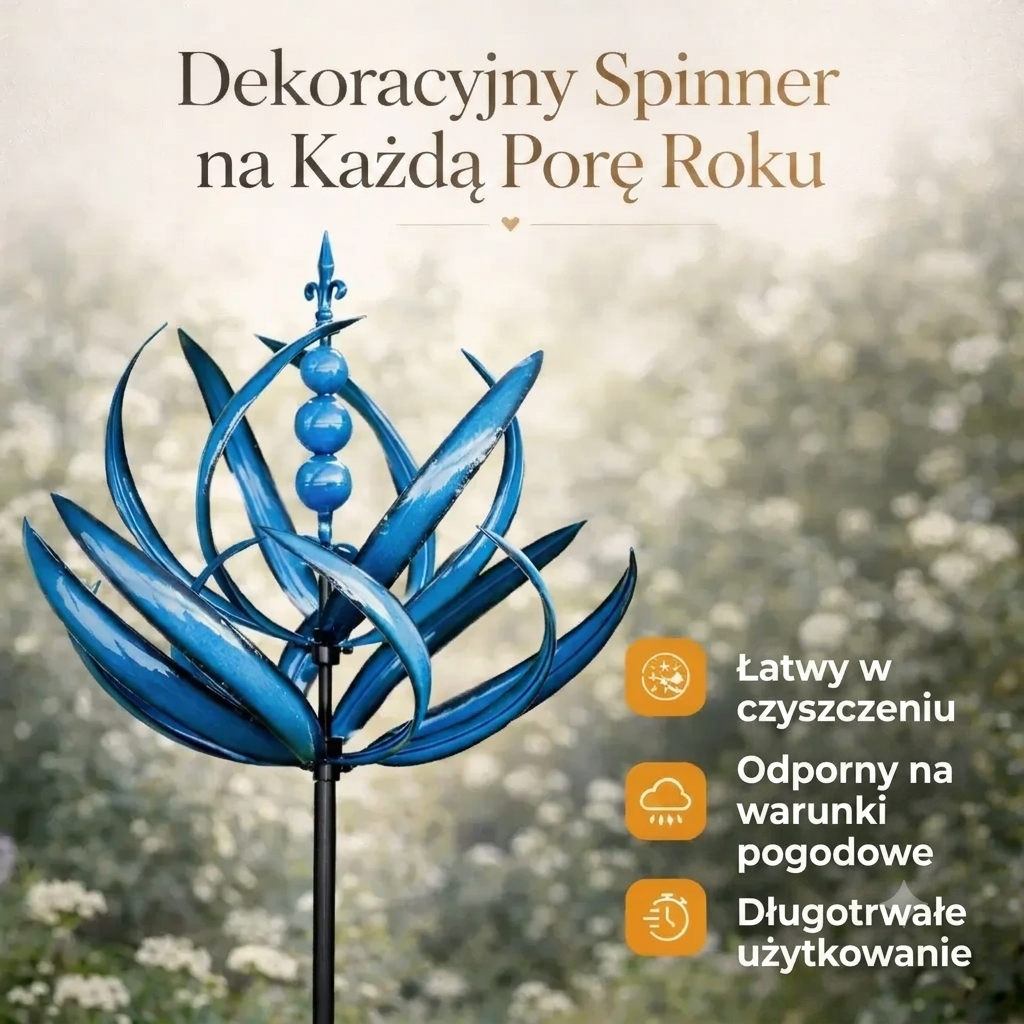 Ozdobny wiatrowskaz ogrodowy w kształcie Kwiatu Lotosu. Metalowy wirujący element dekoracyjny na taras.
