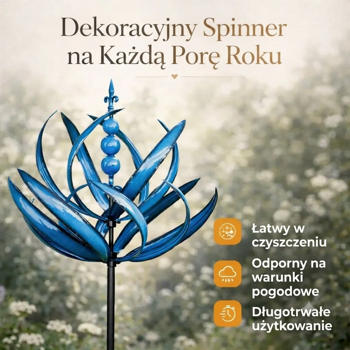 Ozdobny wiatrowskaz ogrodowy w kształcie Kwiatu Lotosu. Metalowy wirujący element dekoracyjny na taras.