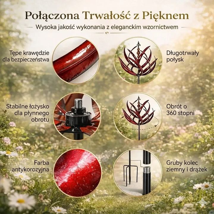Elegancki wiatrowskaz Kwiat Lotosu do ogrodu. Metalowa ozdoba wirująca na wietrze, trwały design.
