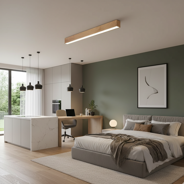 Nowoczesna lampa sufitowa LED, drewno orzechowe 60 cm. Oświetlenie do salonu/jadalni.