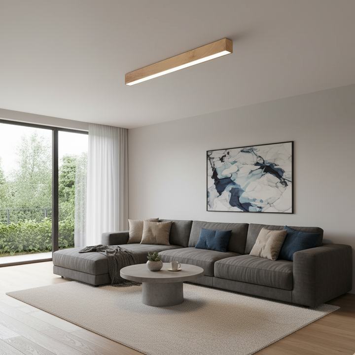Elegancka lampa LED sufitowa 120 cm, z drewna orzechowego. Minimalistyczne oświetlenie.