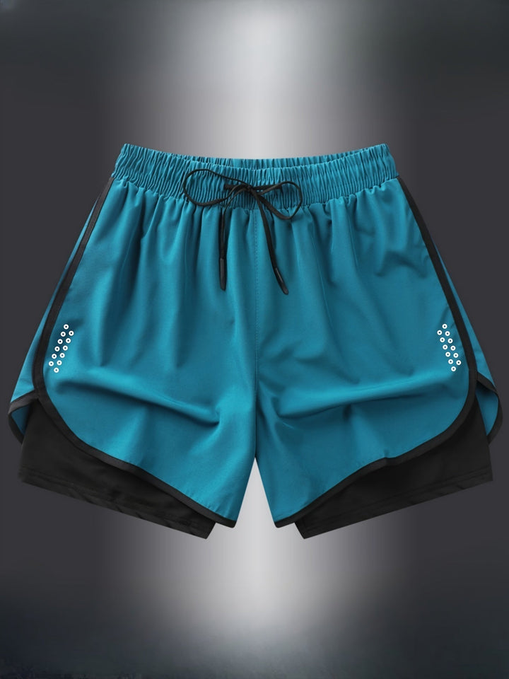 Krótkie damskie spodenki sportowe do biegania, z elastycznego materiału. Przewiewne, z modnym geometrycznym wzorem.