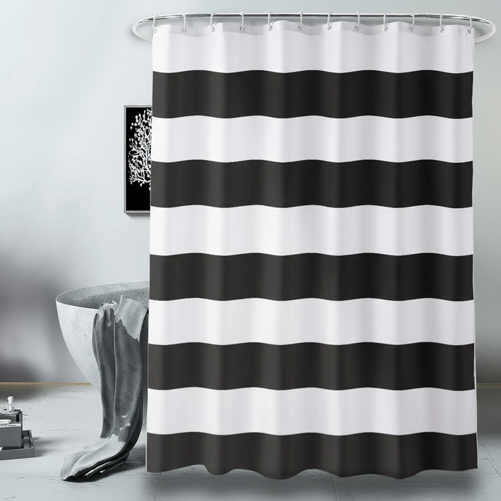 Elegancka zasłona prysznicowa w nowoczesne paski WavePanel, tekstylna i wodoodporna, idealna do łazienki.