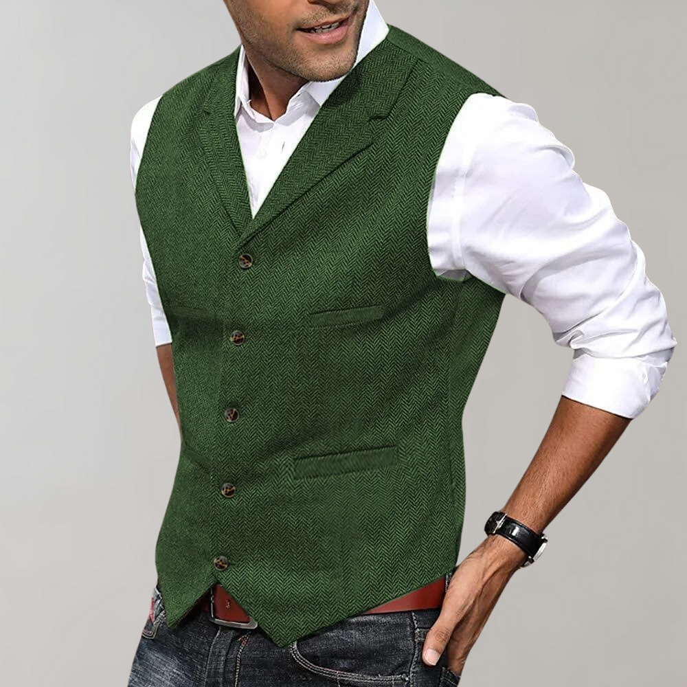 Elegancka męska kamizelka slim fit w jodełkę z klapami, idealna do stylizacji smart casual i formalnych.