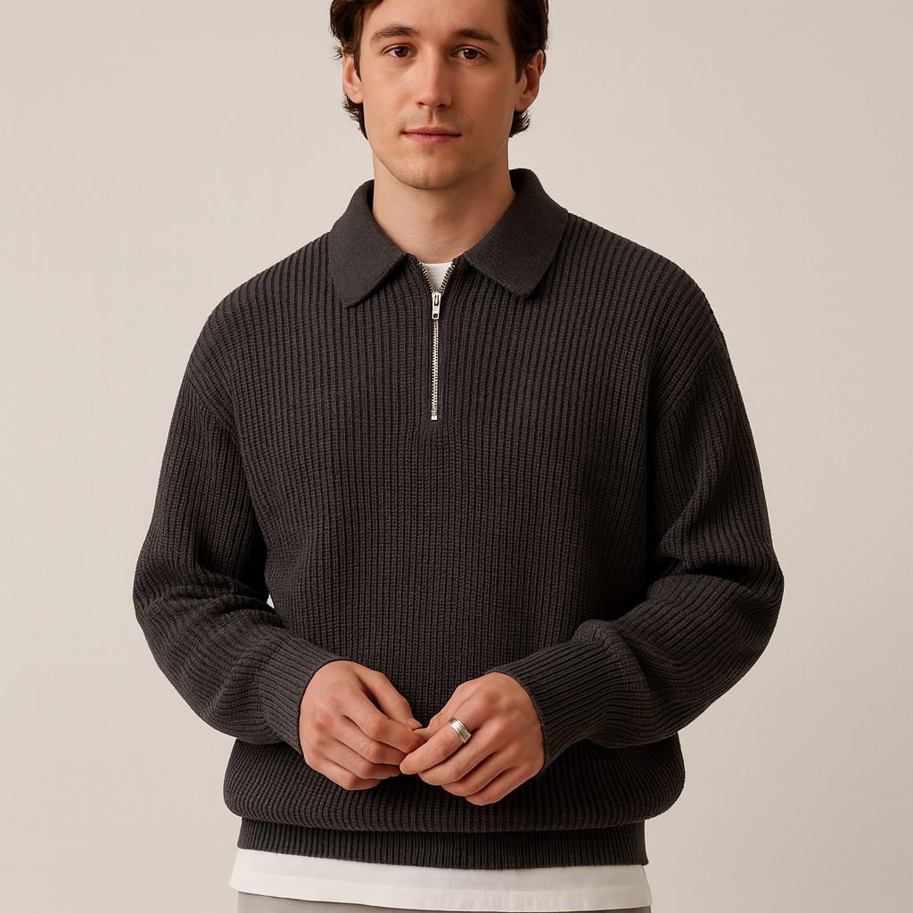 Męski sweter z zamkiem, idealny na co dzień. Komfortowy, elegancki i modny, świetny do casualowych stylizacji.