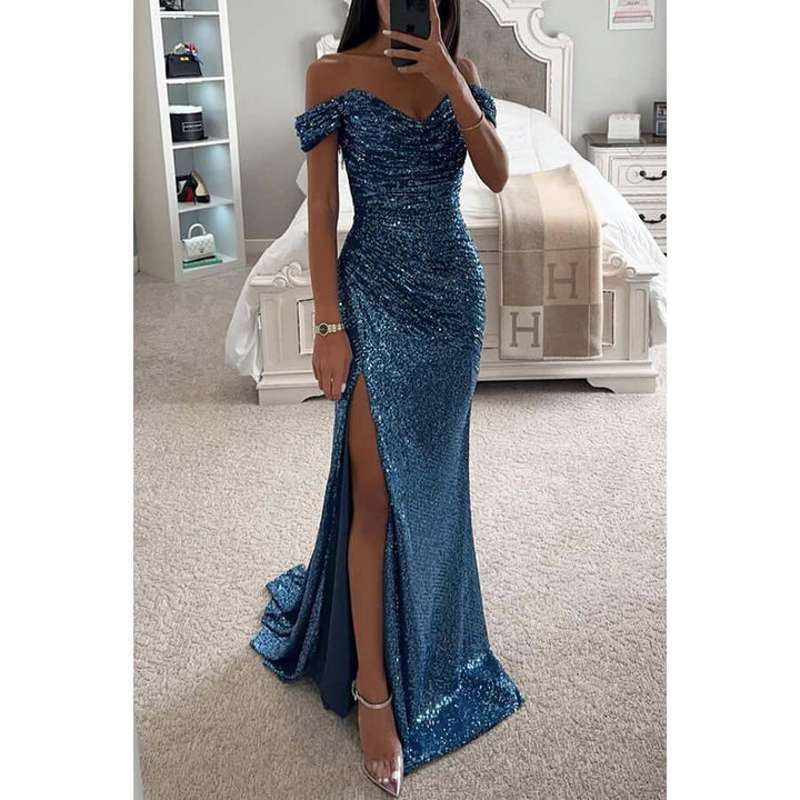 Damska długa sukienka wieczorowa z cekinami, fason bez ramion, na elegancki bal.