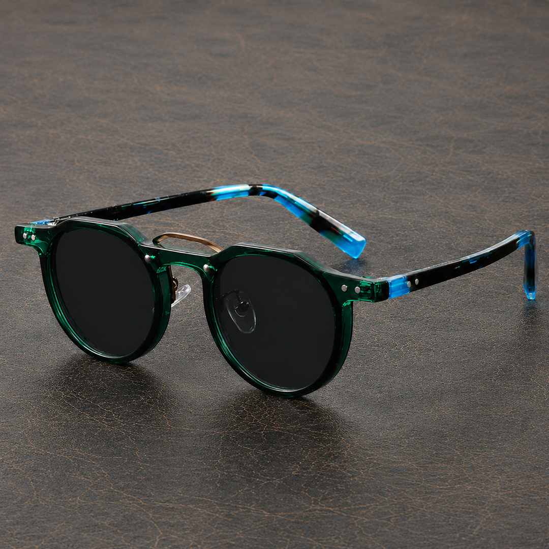 Okrągłe okulary przeciwsłoneczne unisex, ciemne szkła, styl retro, ochrona UV na lato.