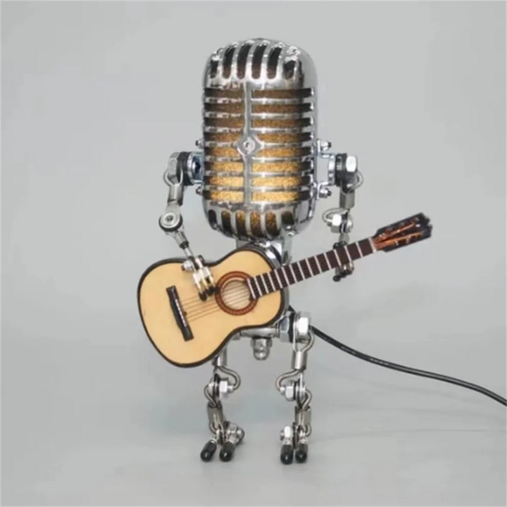 Unikalna designerska lampa robot z gitarą. Nowoczesne oświetlenie stołowe LED, idealna dekoracja.