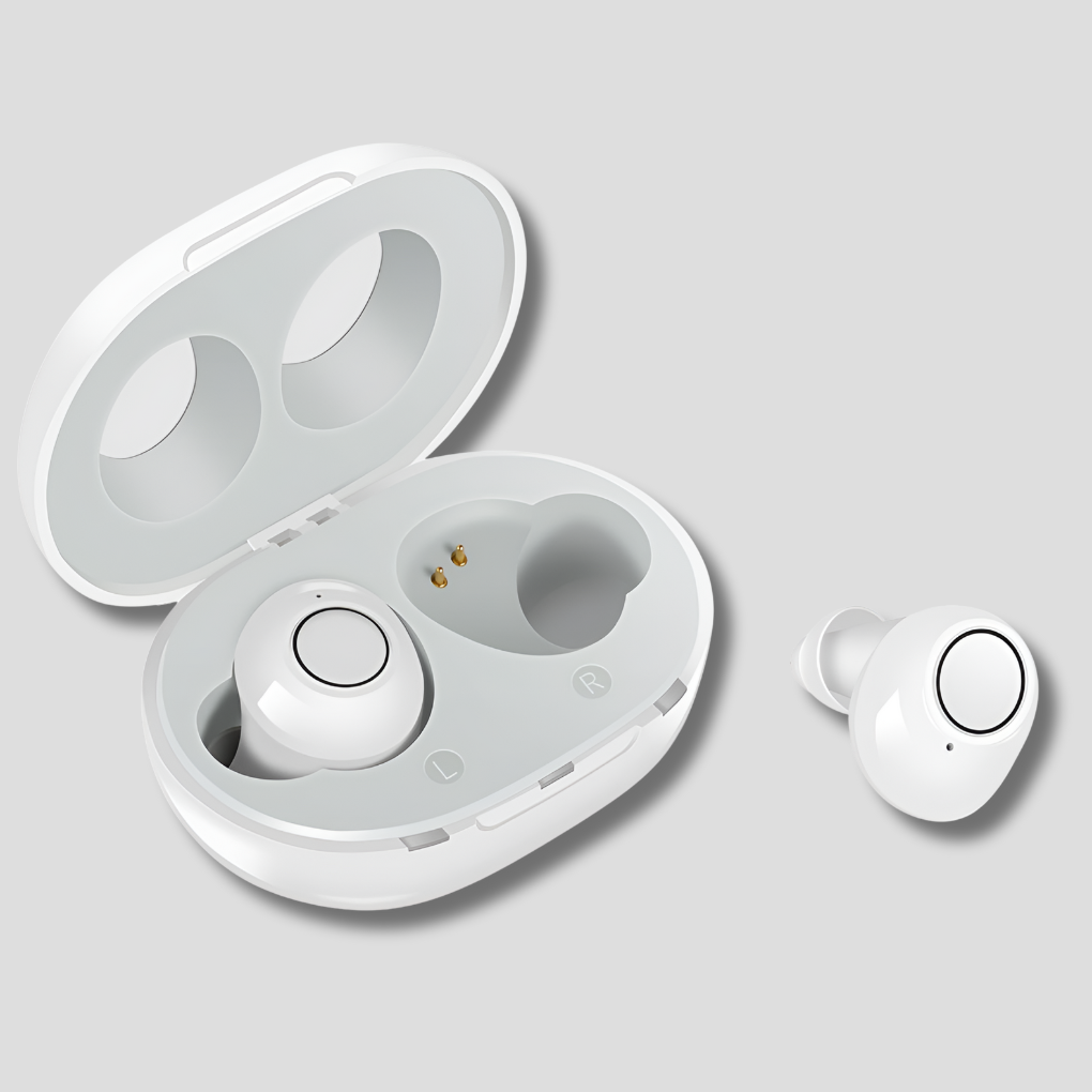 Zauszny wzmacniacz dźwięku Bluetooth z aplikacją, zapewniający czysty dźwięk i dyskretną poprawę słuchu.