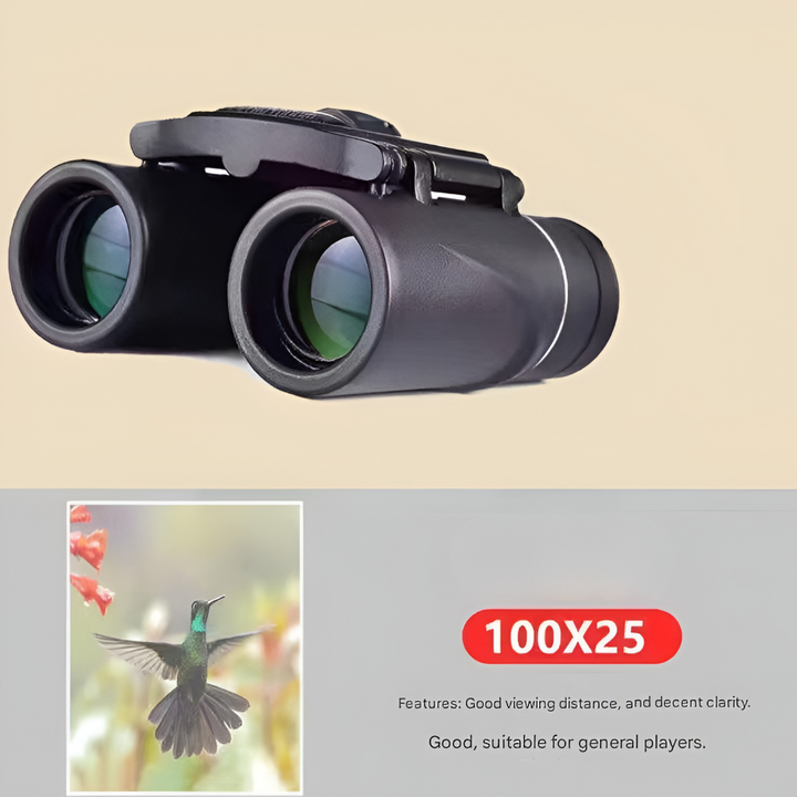 Kompaktowa lornetka składana 100x25 HD, idealna do podróży, turystyki i obserwacji przyrody.