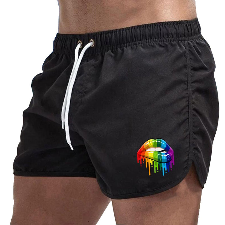 Męskie letnie szorty kąpielowe z unikalnym tęczowym printem. Komfort i moda na plaży.
