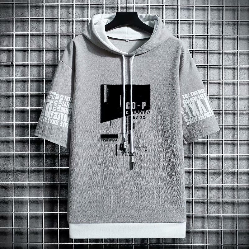 Casualowa bluza męska oversize z krótkim rękawem, kapturem, idealna na lato.