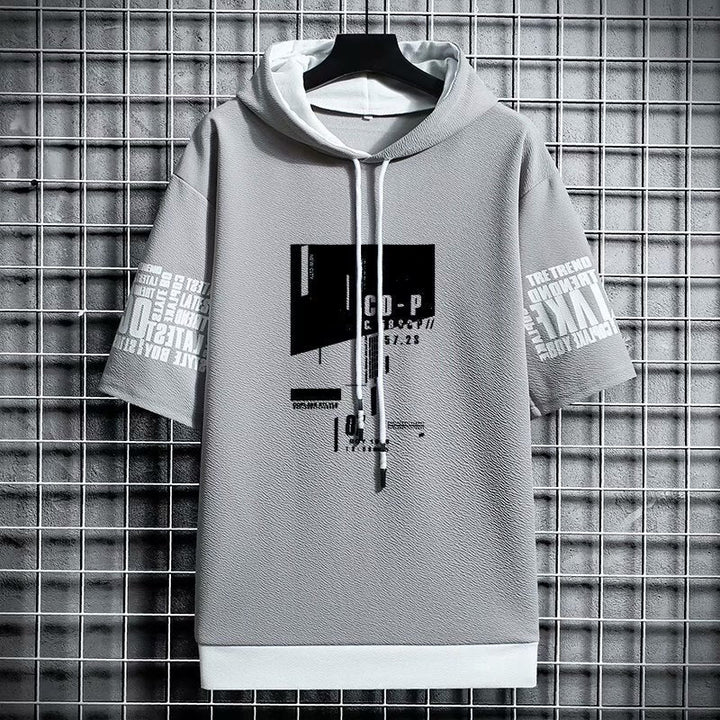 Casualowa bluza męska oversize z krótkim rękawem, kapturem, idealna na lato.