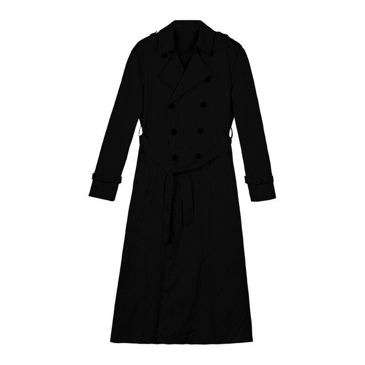 Długi męski płaszcz trencz. Klasyczny design z paskiem, elegancki na jesienne i wiosenne stylizacje.