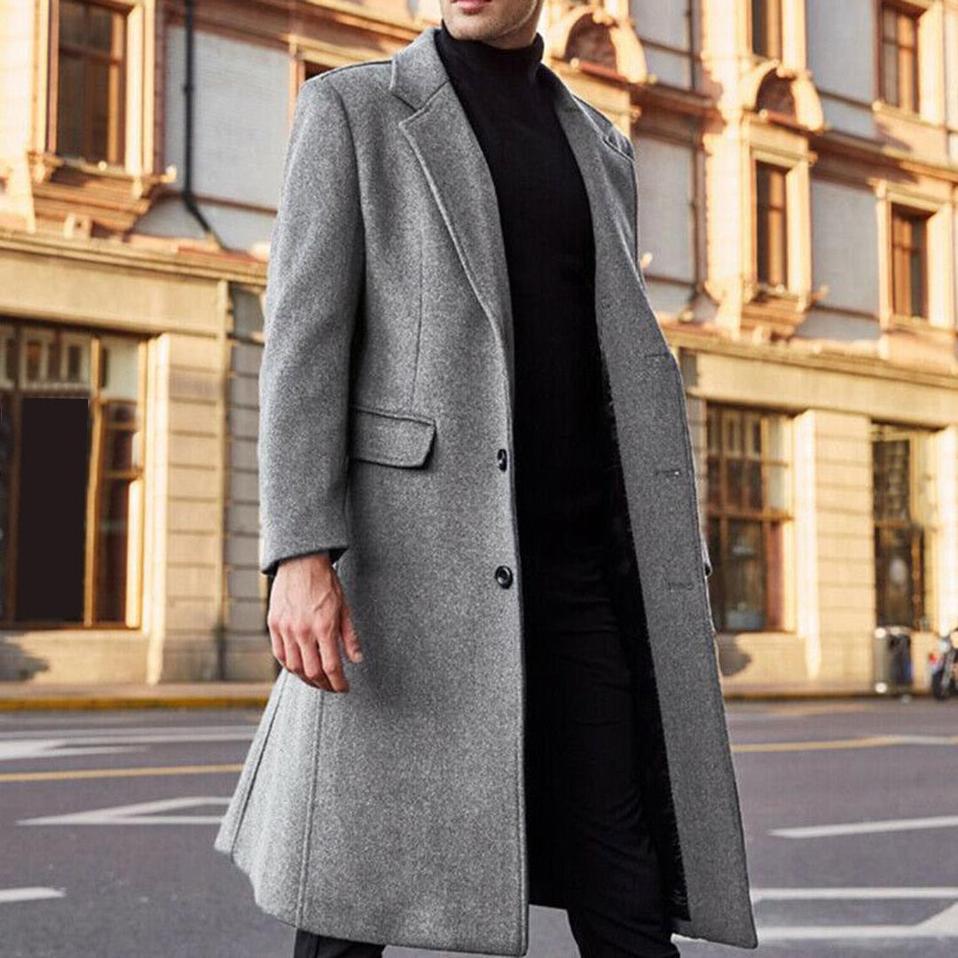 Klasyczny męski długi płaszcz zimowy slim fit z guzikami, idealny do mody męskiej, ciepły i stylowy.