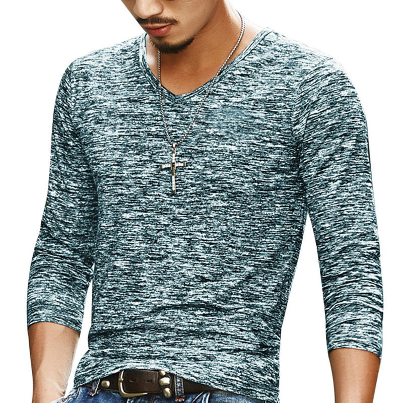 Męska koszulka z długim rękawem, modny melanż, dekolt V-neck, casualowy krój, wygodna odzież męska.
